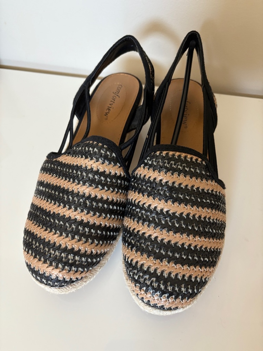 Comfortview Black and Tan Woven The Clea Espadrille Slingback Flats